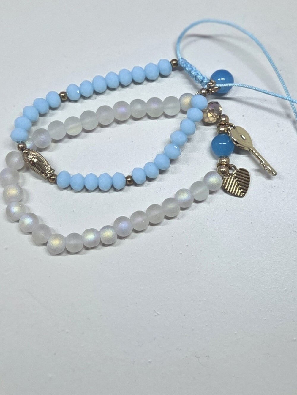 Blue & White Beaded Charm Bracelet Set